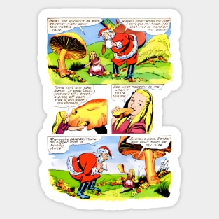 The Funny Alice offers mushrooms to Santa Claus for a hallucinogenic and phicoldelic Christmas Retro Vintage Comic Sticker